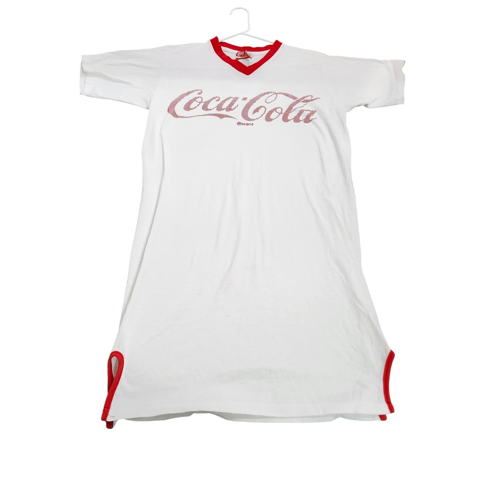 Vintage Coca-Cola Ringer Nightgown White Red V-Neck Sleep Shirt 80s USA Small