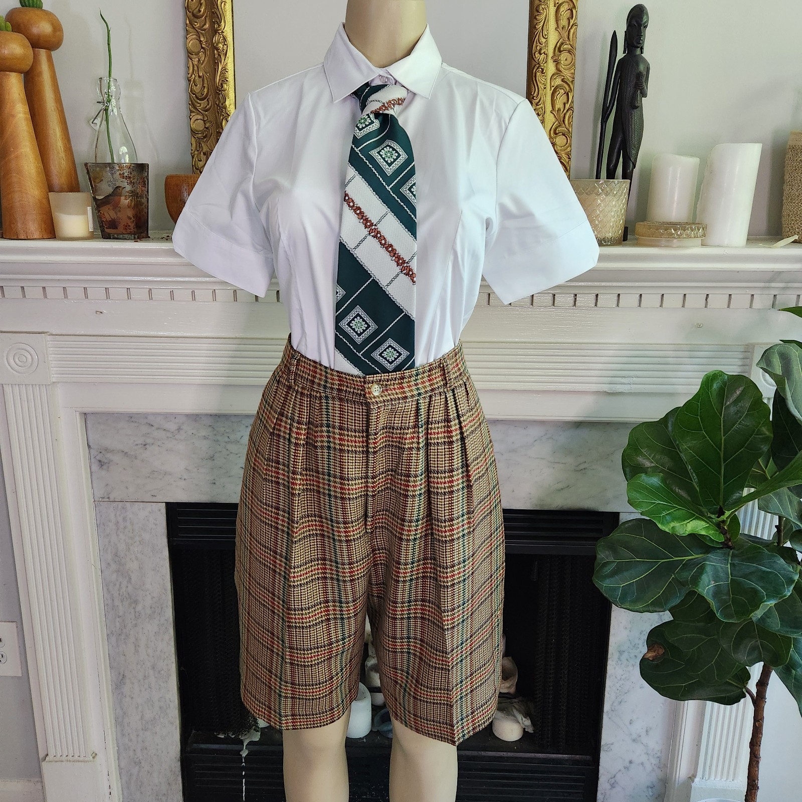 Vintage 80s Bermuda Shorts Size 10 Preppy Brown Green Plaid Academia Old Money