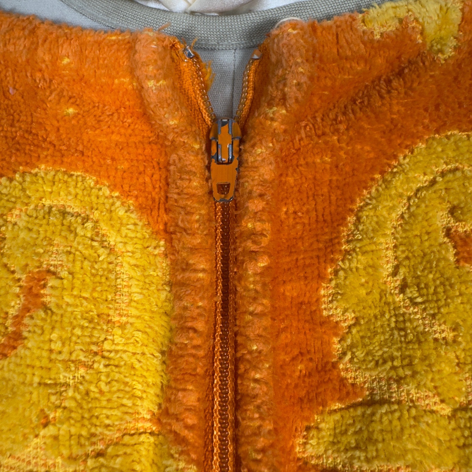 Vintage Cannon Monticello Terry Cloth Robe Orange Yellow Floral Fringe Maxi USA