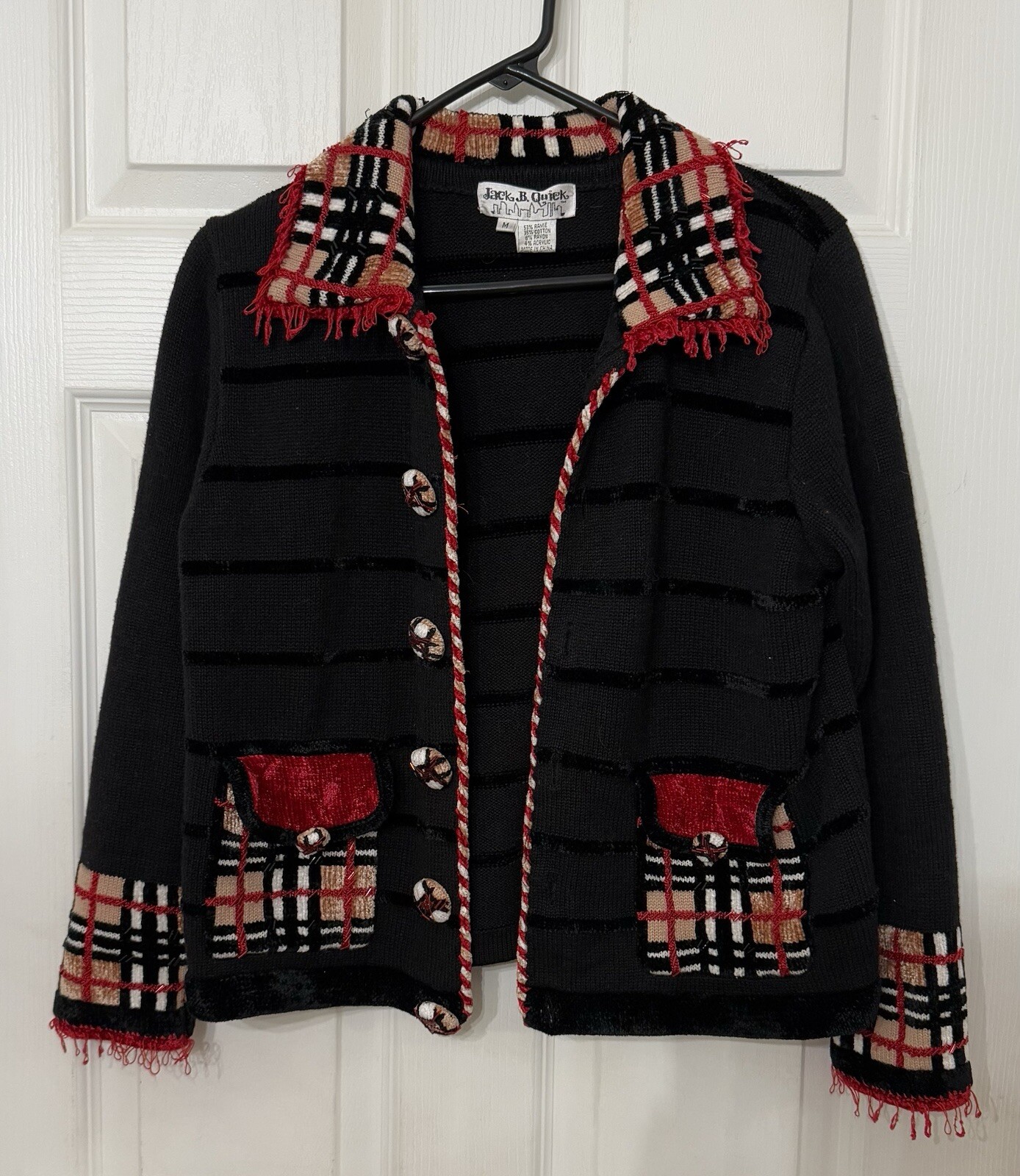VTG Jack B. Quick Sweater Cardigan Sz M Tartan Pattern Plaid Fringe