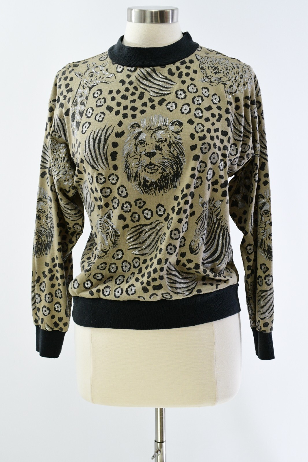 80s Vintage Womens M Novelty Print Top Big Cats & African Animals