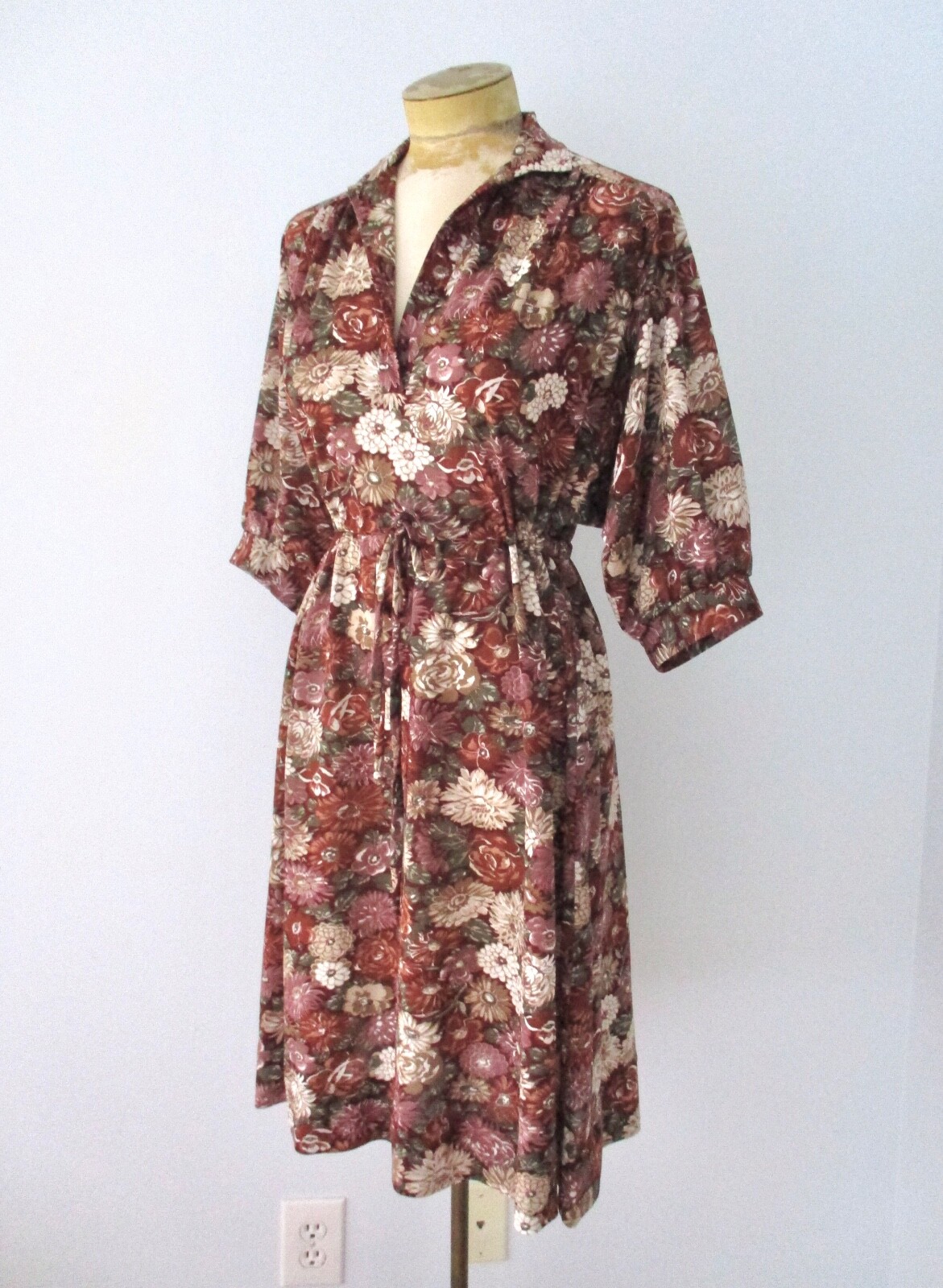 Vtg 70s Autumn Floral Poly Chiffon Dress Empire Drawstring Waist Dolman Slvs M/L
