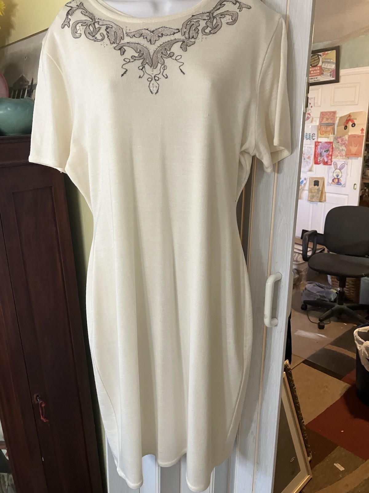 VTG Carole Little Knit Dress & Jacket Cream Silver Beaded Wool Blend XL New NWT