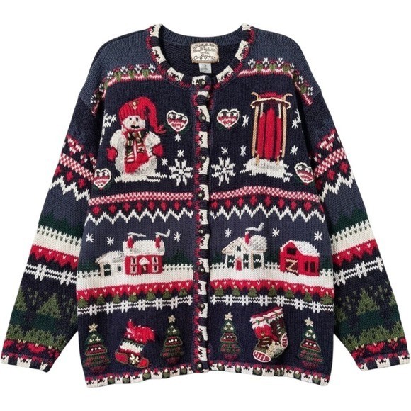 Heirloom Collectibles Cardigan 18/20 Blue Winter Village Snowman Grandma Core