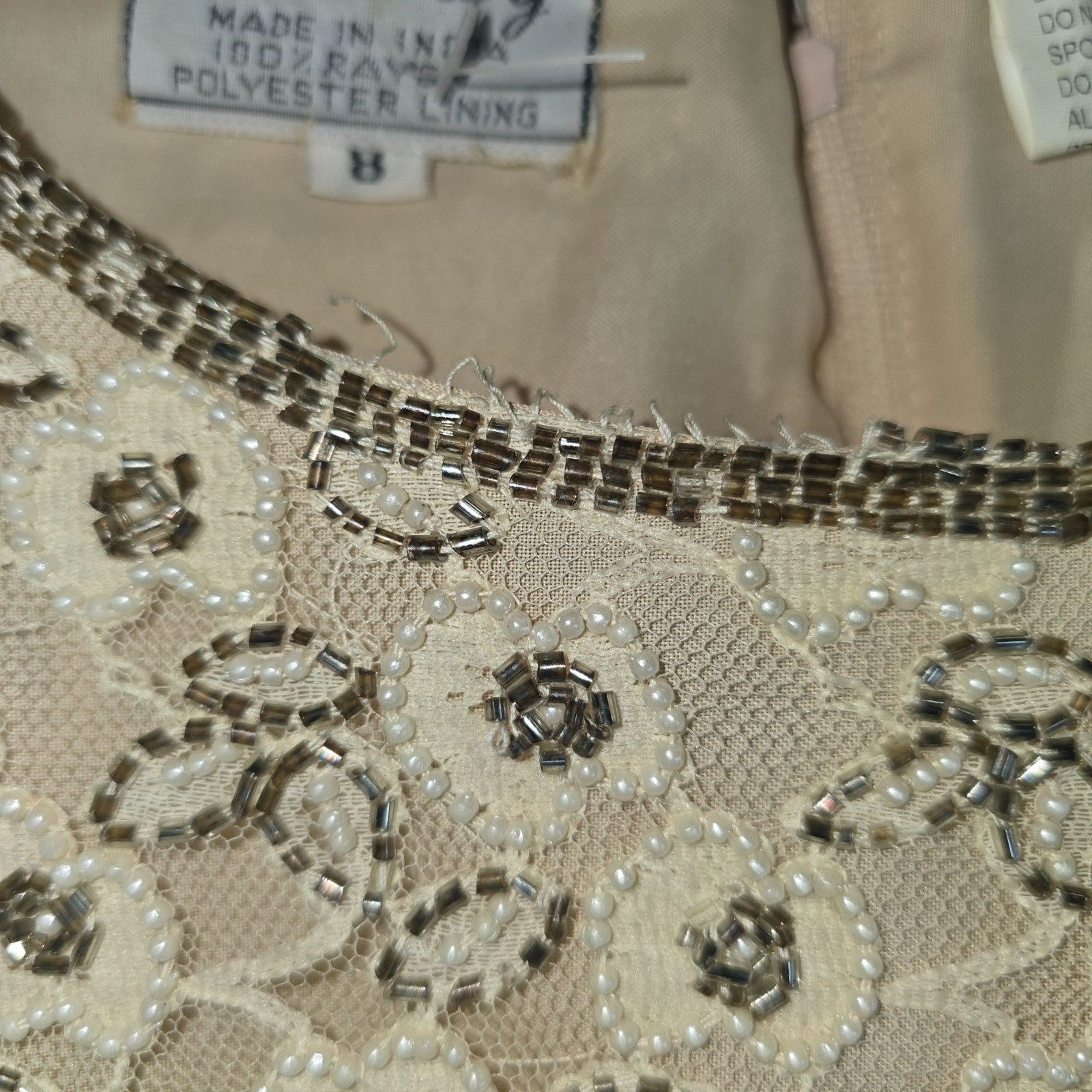 Vintage Stenay White Pearl Silver Bead Champagne Lace Mini Sheath Cocktail Dress