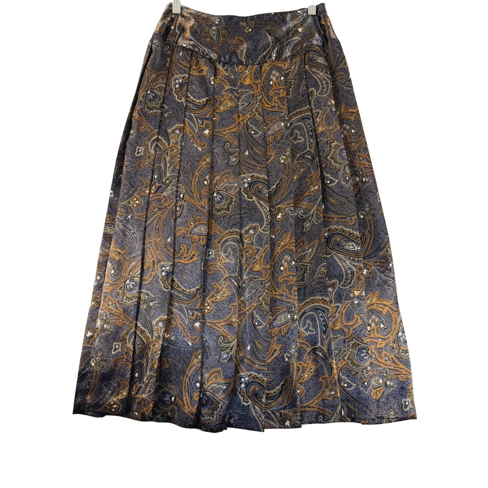 Notations Vintage Paisley Satin Pleated Midi Skirt Size S Made in USA Boho