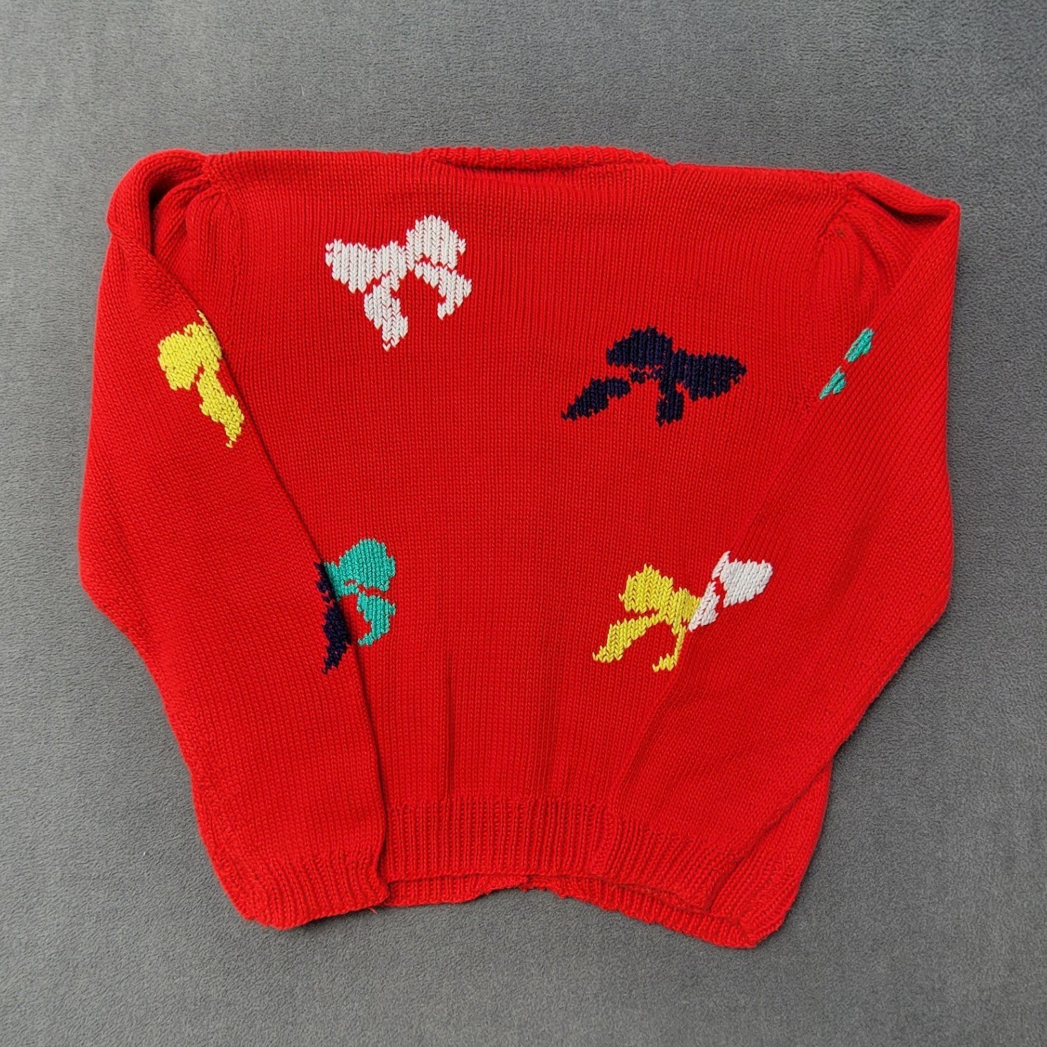 VTG Ethel Of New York Hand Knit Cardigan Red Bow Intarsia Pattern Women-LG