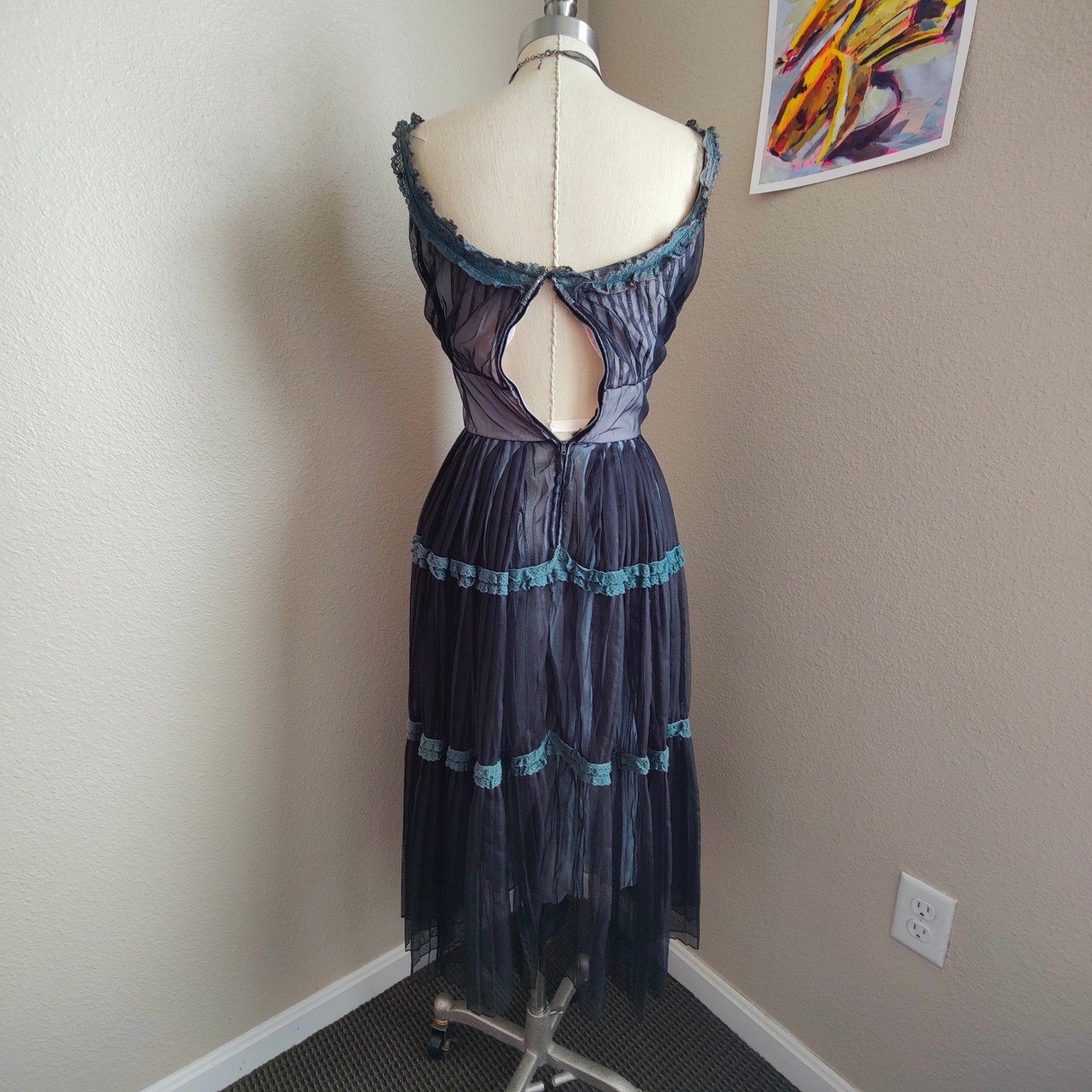 Vintage 1950s Smart Miss Illusion Lace Party Dress Pleated Tulle Midi Prom Retro