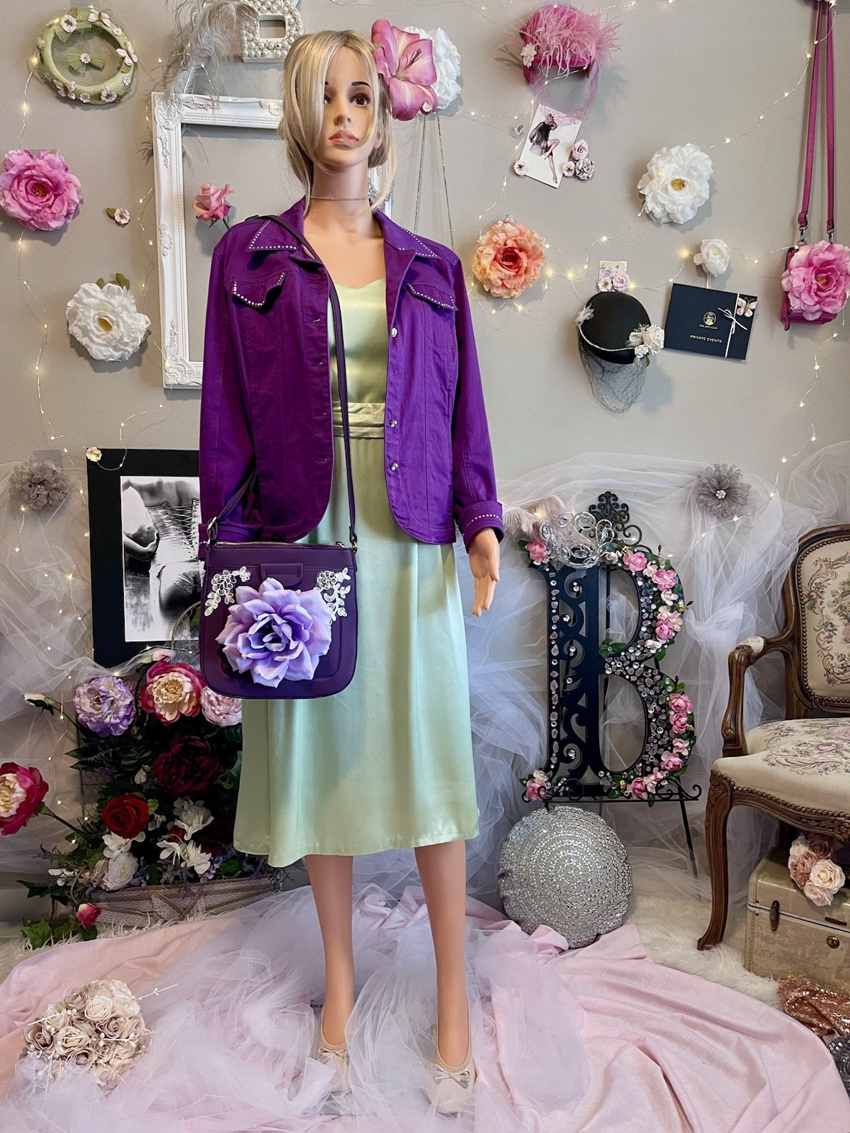 Vintage Satin Light Green Tea-Length Dress | Handmade | Removable Belt