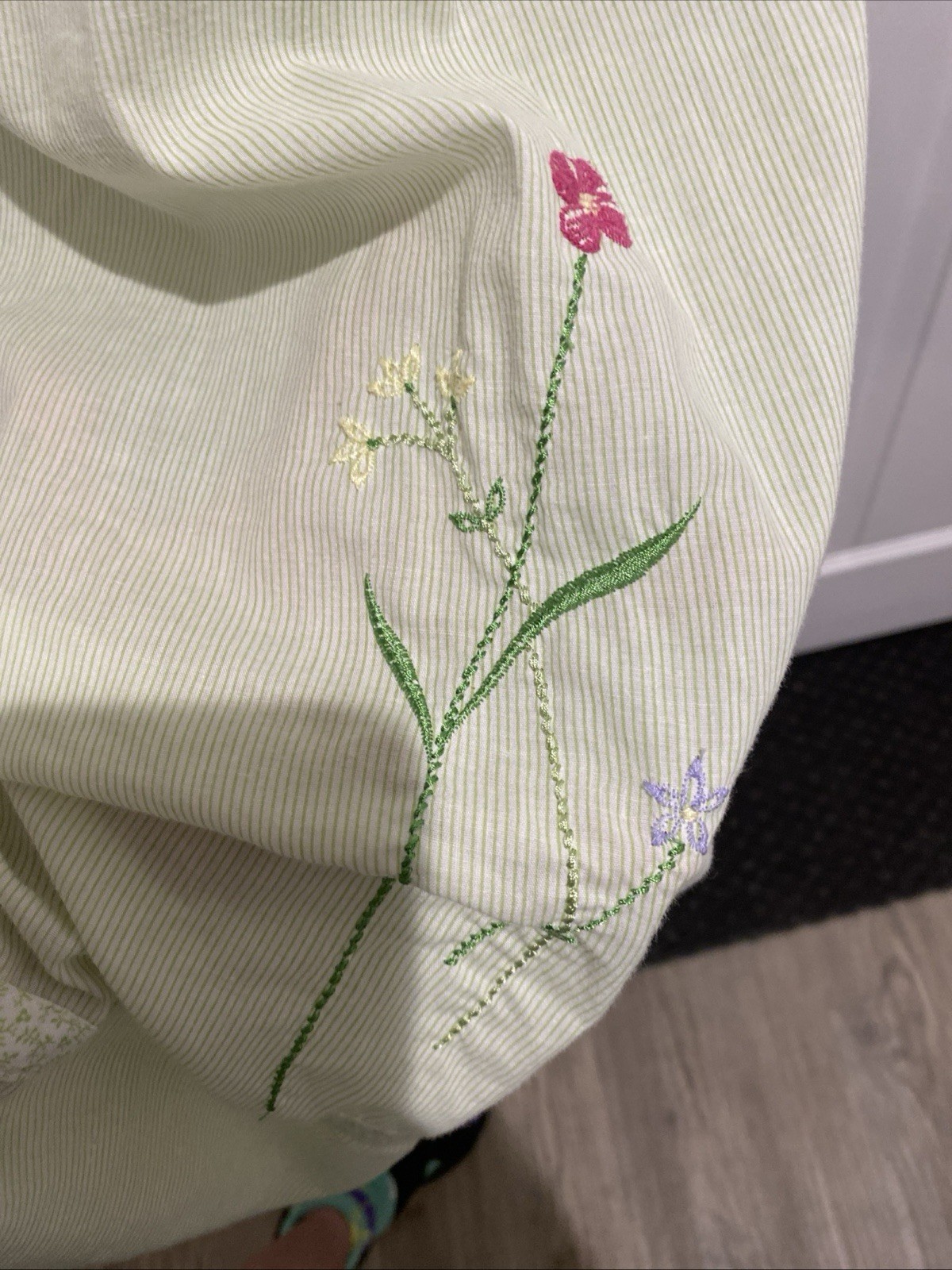 VTG Aria Nightgown Stripped Pale green lace and cherry Embroidery Trim Small