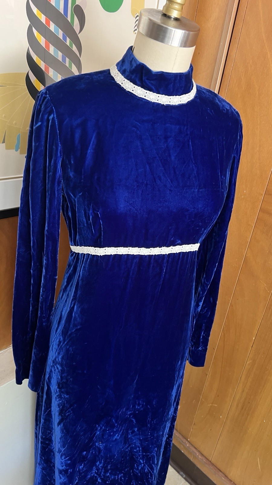 VTG Blue Velvet Dress Sz XS white crochet detail midi maxi sapphire