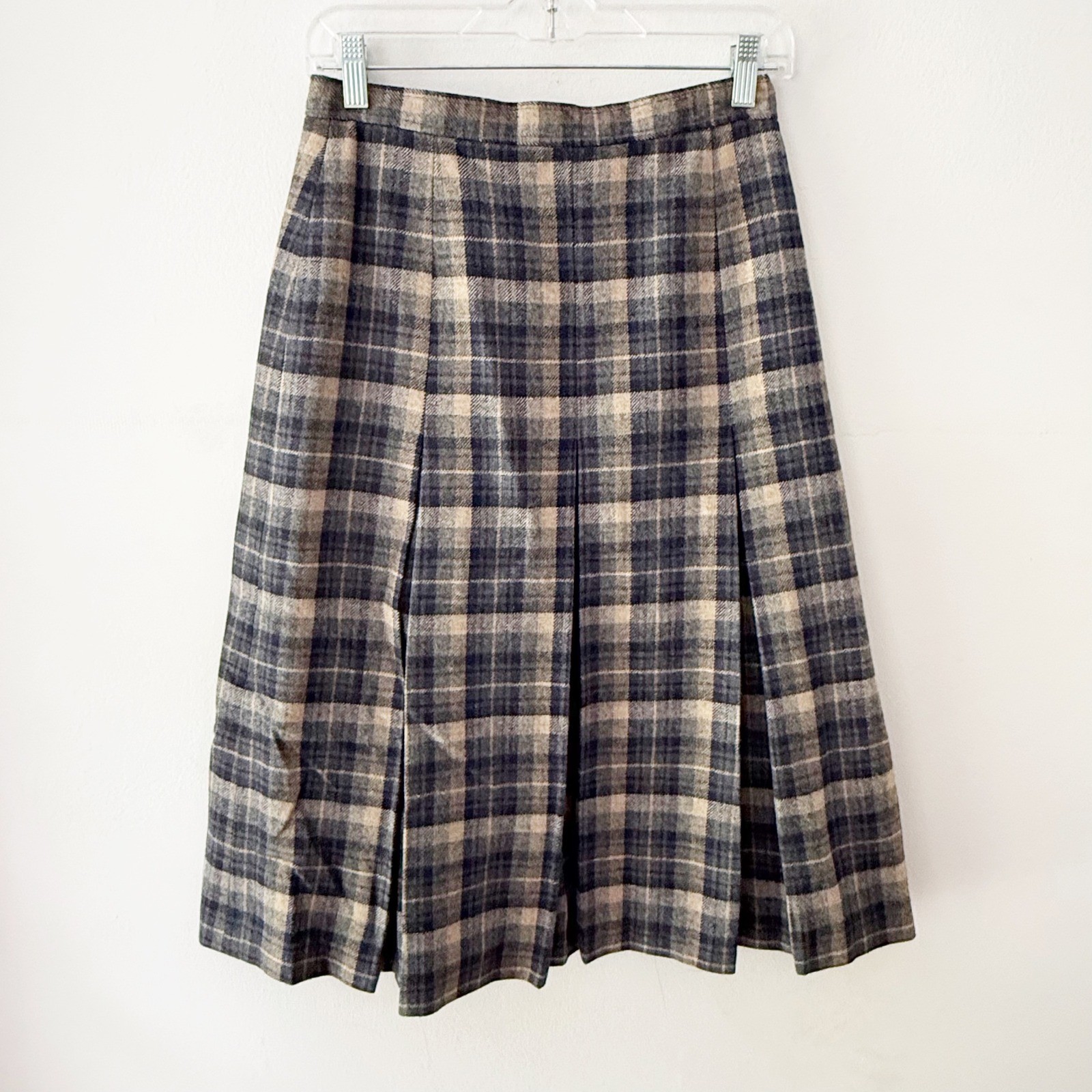 Vintage 70s Pleated Skirt Women 12 Plaid Wool Blend Union Retro Preppy Academia