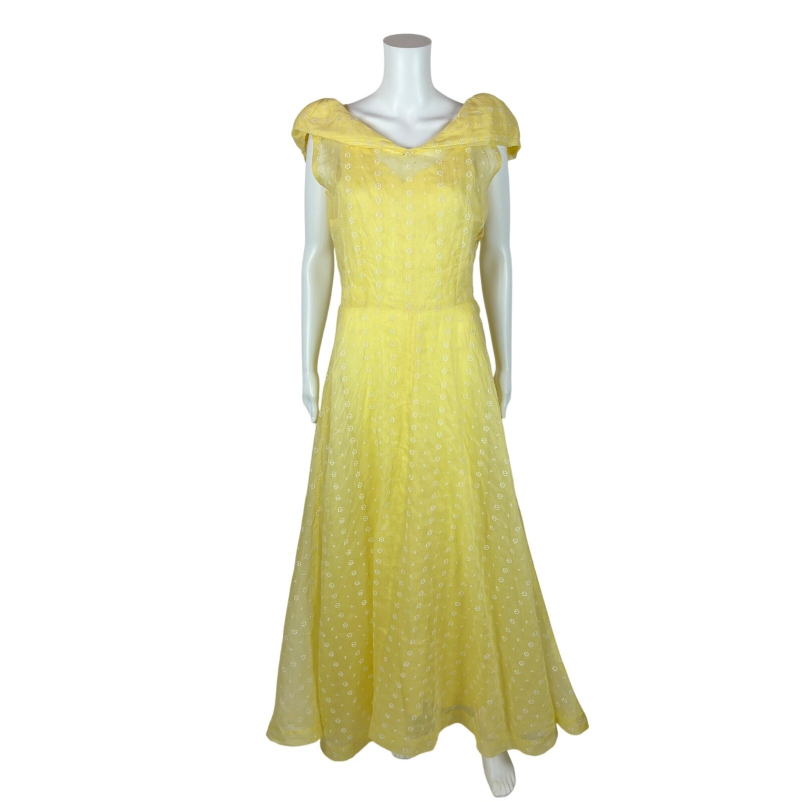Vintage 30s Yellow Gown Women’s Medium Sheer Floral Embroidered Garden Party Dre