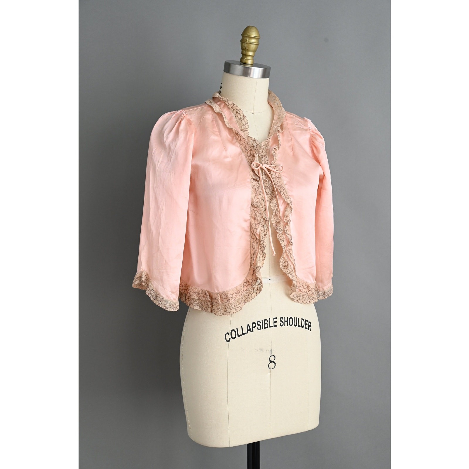 Vintage 1940s Lingerie Bed Jacket | Pink Silk Satin Lace Caplet | Small Medium