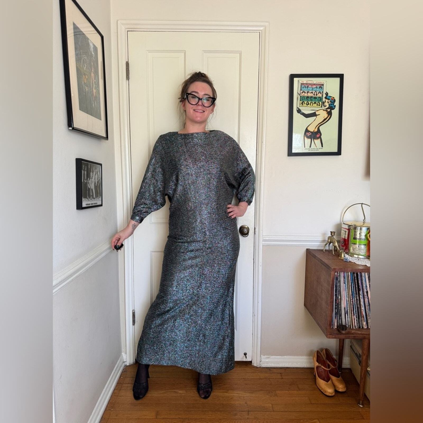 80s Vintage Maxi Length Batwing Sleeve Lurex Dress