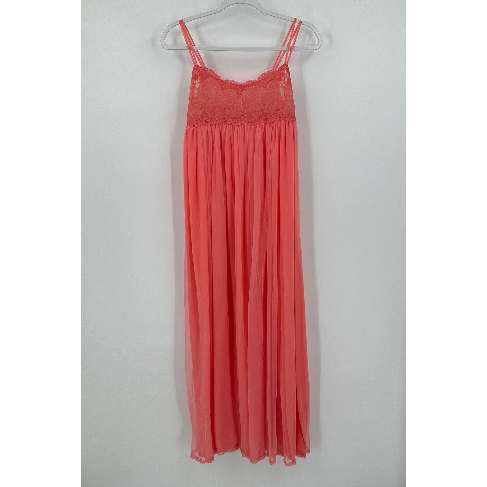 Vintage Womens Coral Lace Sheer Maxi Nightgown Robe Set Romantic Peignoir Size L