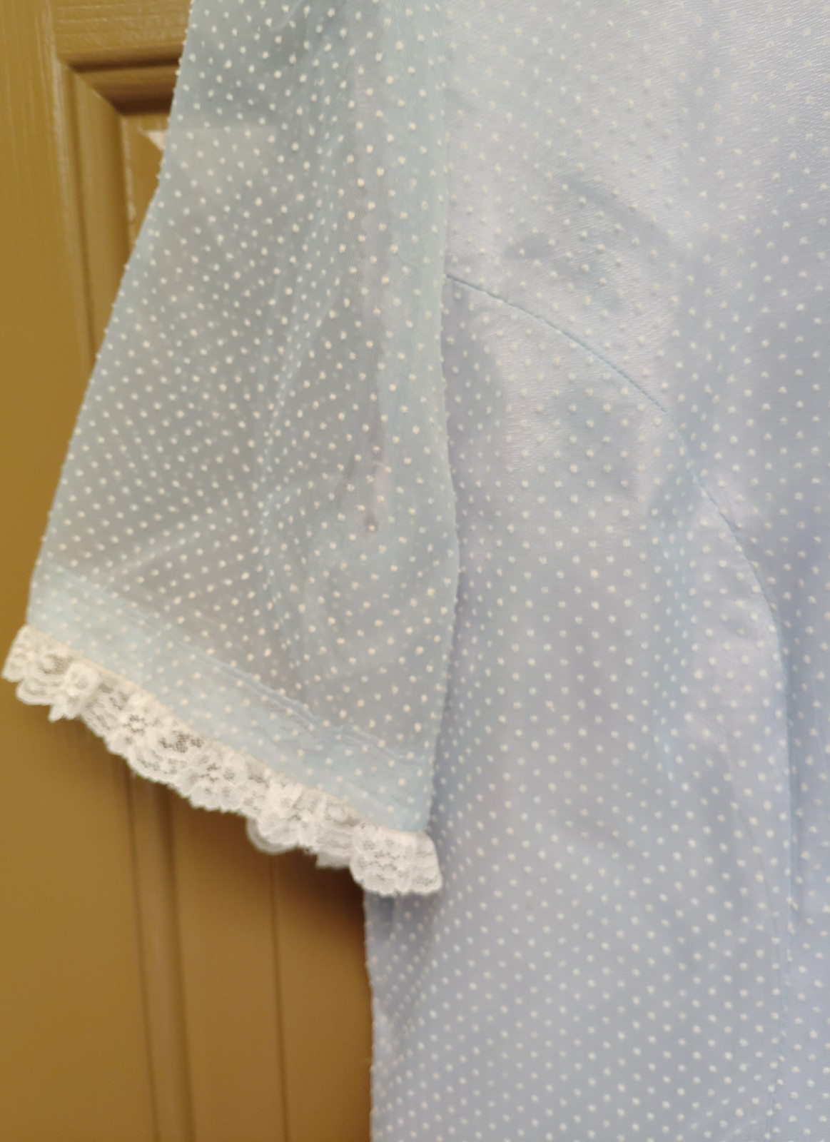 Vintage 70’s Handmade Blue Swiss Dot Maxi Dress Prairie Cottagecore Lace Sz S