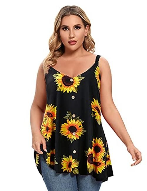 Plus Size Camisole V Neck Button Cami Tank Tops Women’s 2X Black Sunflower