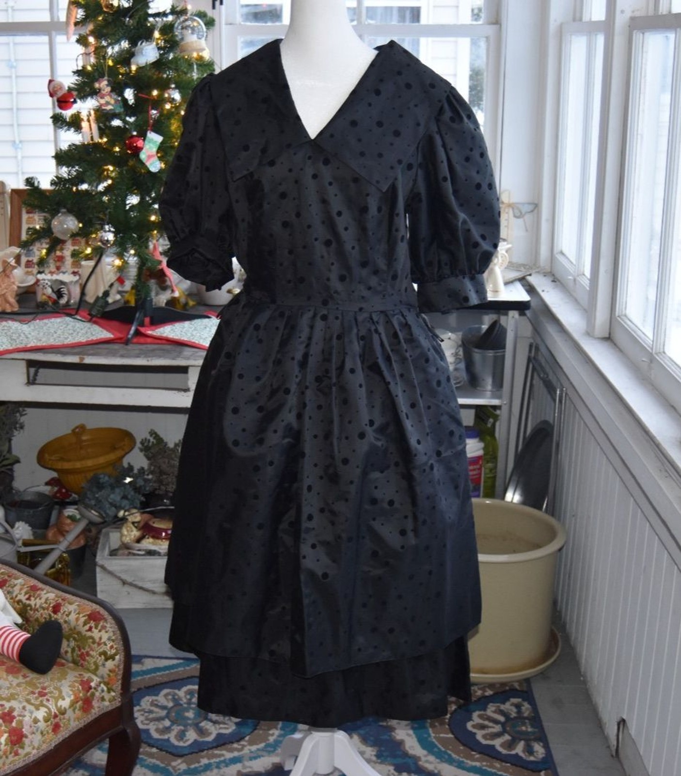 Vintage 80s Vision Dress A-Line Polka Dots 80s does 50s Tiered Black Size Medium