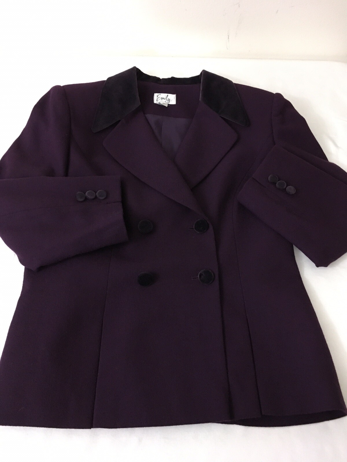 Vintage EMILY 100%Wool StretchWaist Pencil Skirt Jacket Velvet Collar Woman’s 12