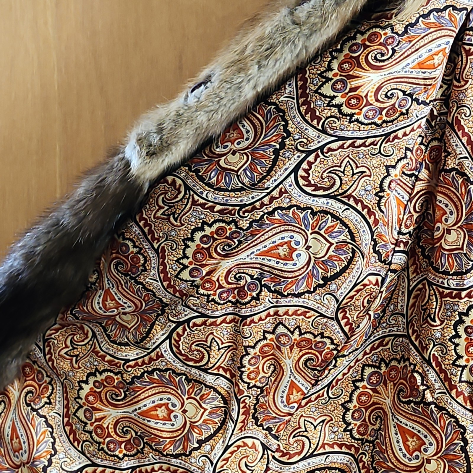 Vintage Rabbit Fur Coat w/ Raccoon Fur Collar & Trim Paisley Lining 41″ -AS IS-