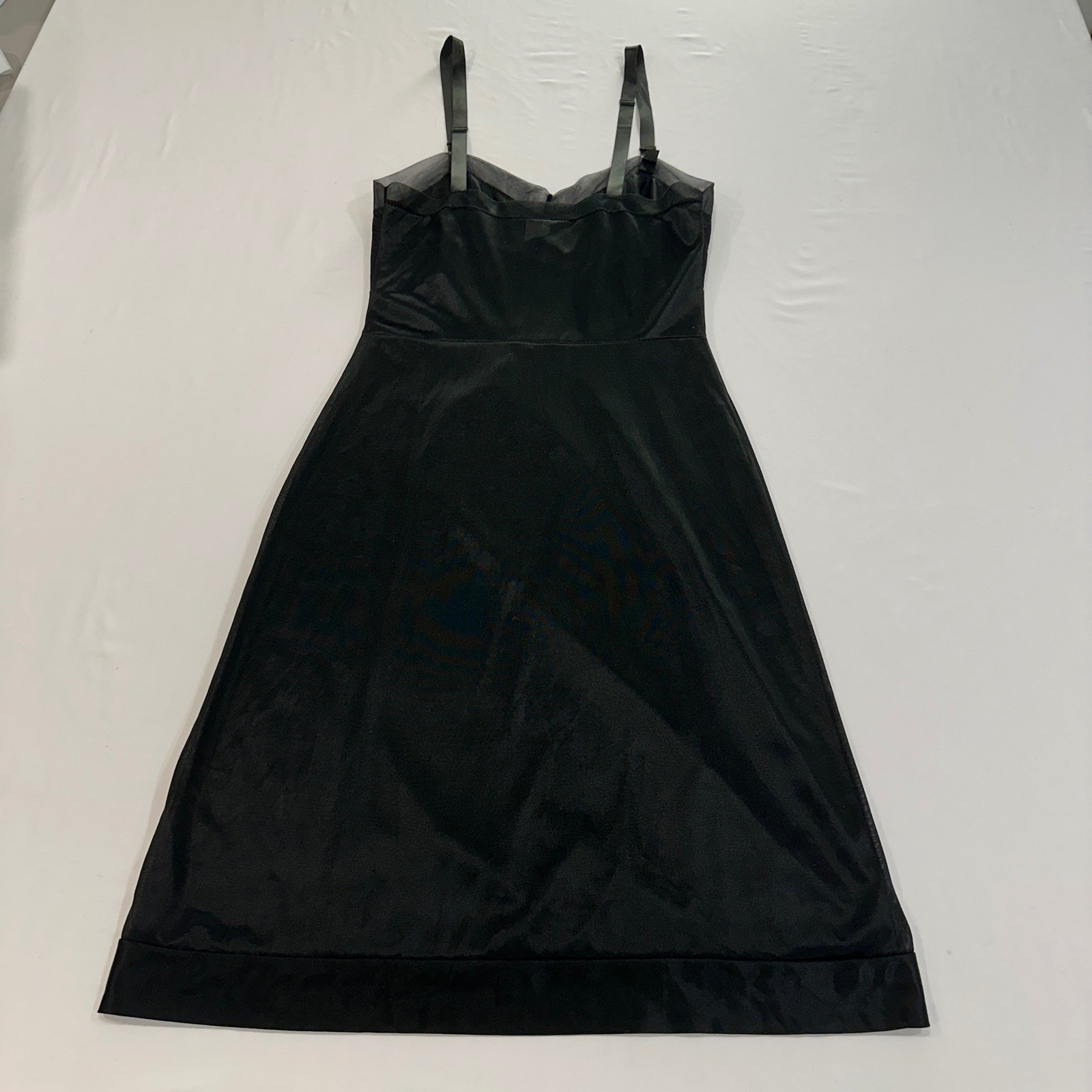 Vintage ILGWU Mesh Bodice Full Slip Women 32M Black Floral Embroidery | Coquette