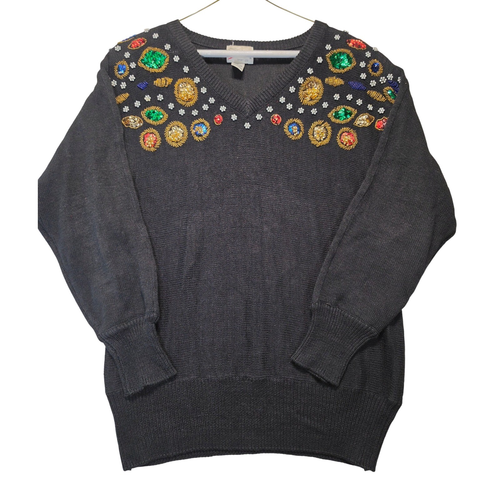 Vintage 1991 SML Sport Ltd Black Beaded Sequin V-Neck Sweater Womens M Retro