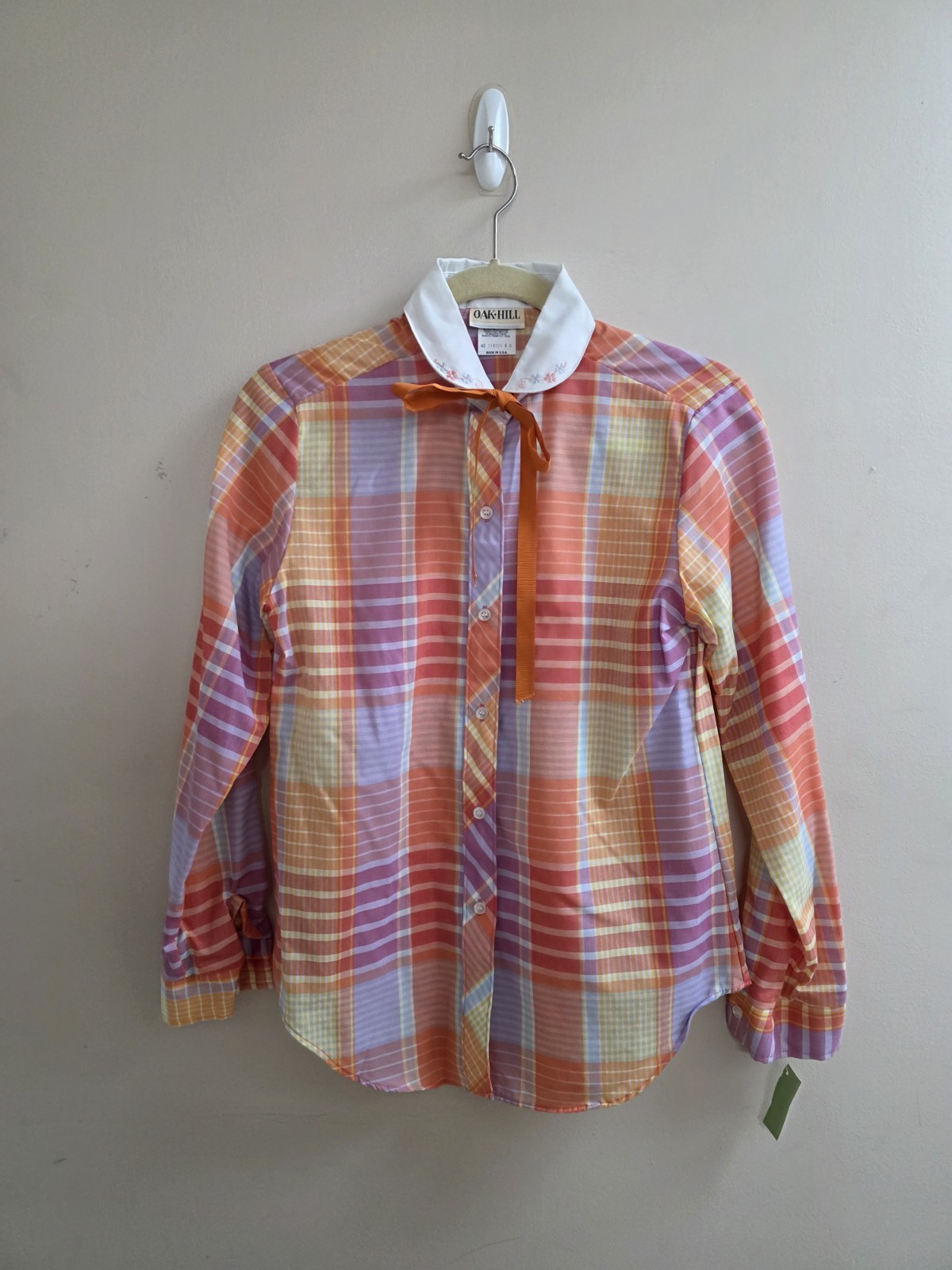 Vintage 1980’s Oak Hill Orange Plaid Button Up Long Sleeve Top Preppy Sz 8