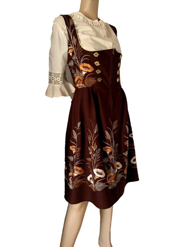 Vintage dirndl rose Salzburg brown embroidered with blouse bobbin lace size 42/44