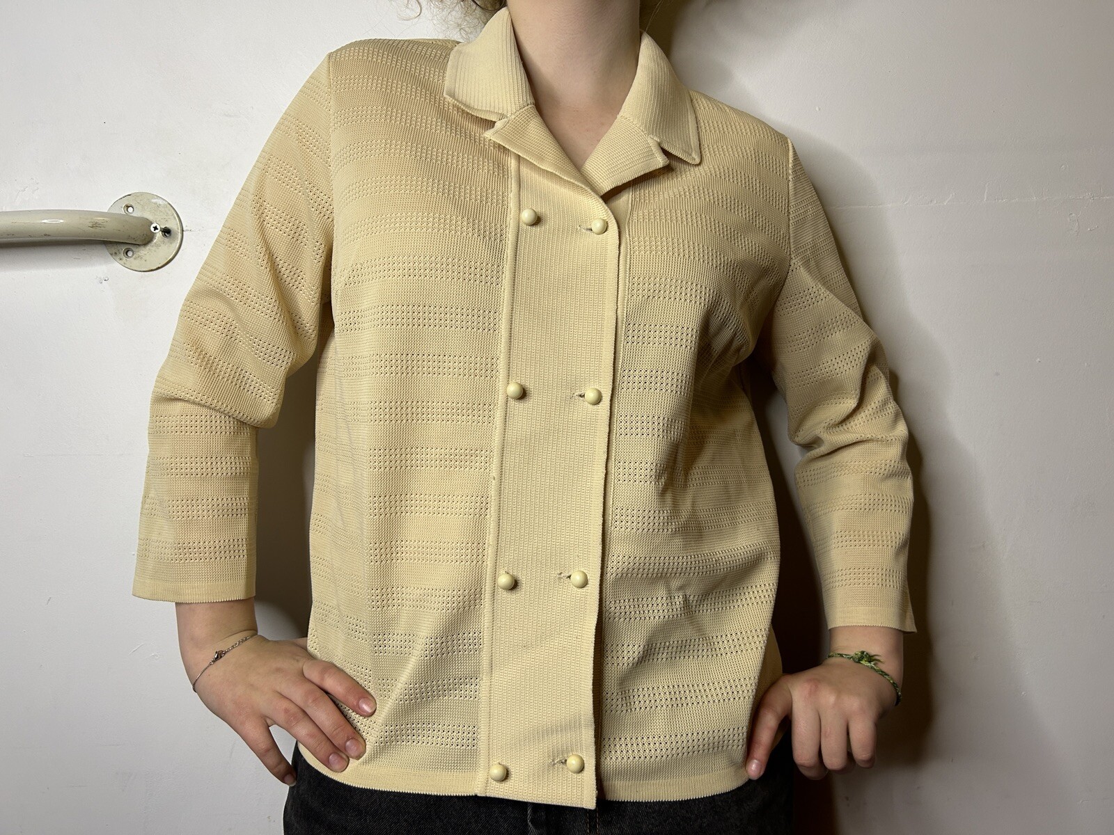 Vintage 1980s Knit Polyester Collared Blouse Cream White Double Breasted AU 14