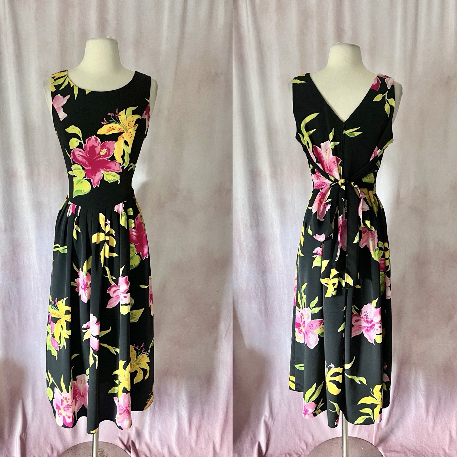 Vintage Y2K 90s Tank Dress Size 10 Floral Black Maxi Flare Bow Tie Cottage Core
