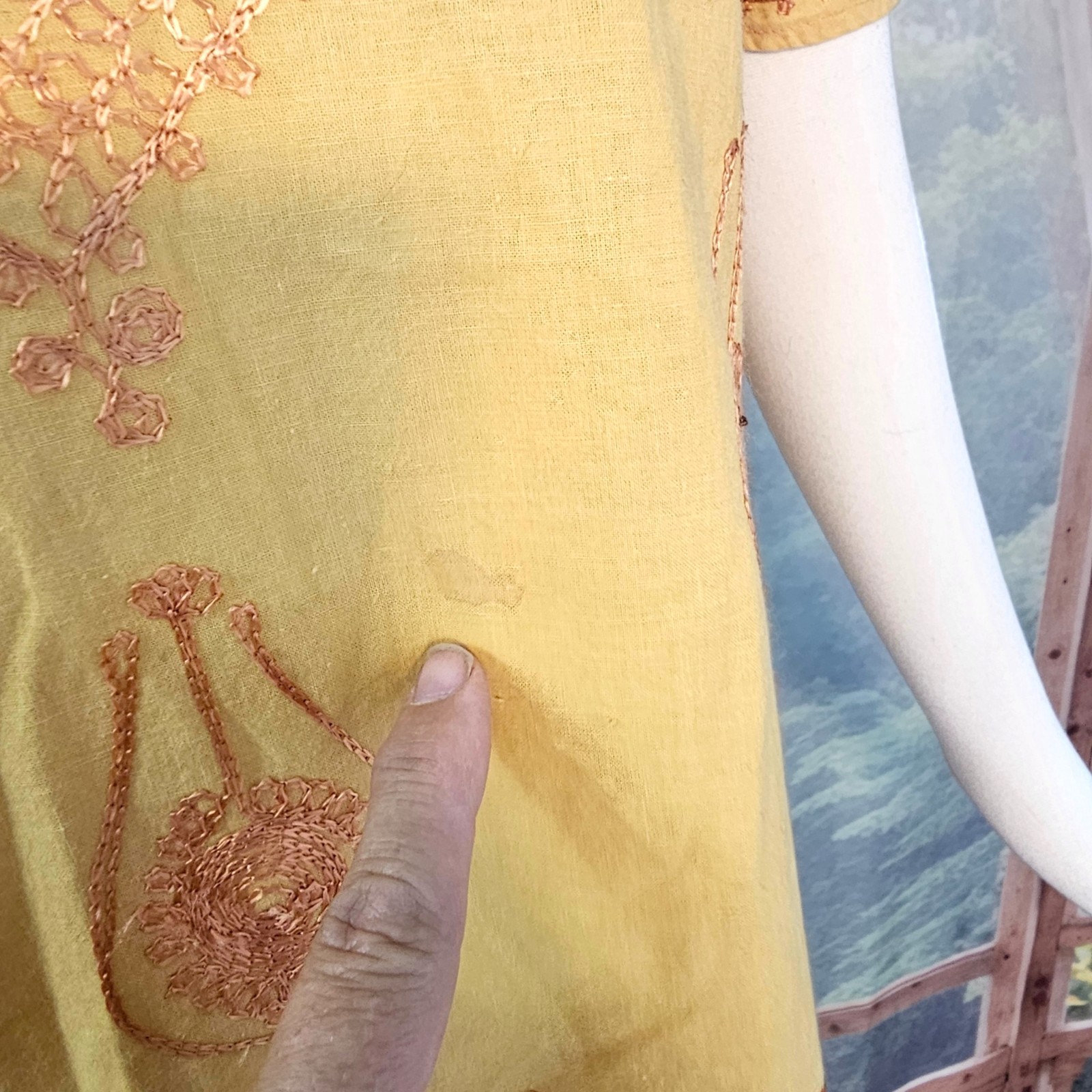Vintage 1970s Blouse Top Shirt Mustard Yellow Embroidered India Short Sleeve