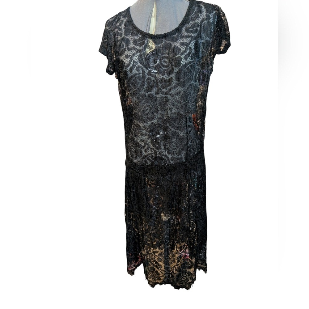 Antique Vintage 1920s Black Floral Lace Pattern Mourning Dress Rare