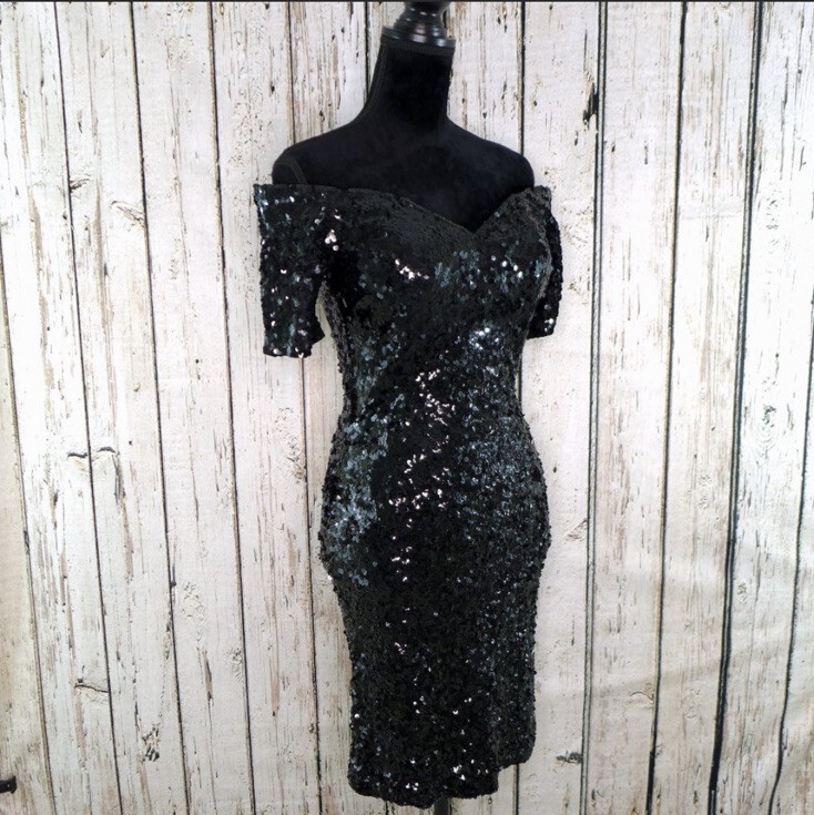 Vintage MODI off-shoulder Sequin encrusted Wiggle Dress