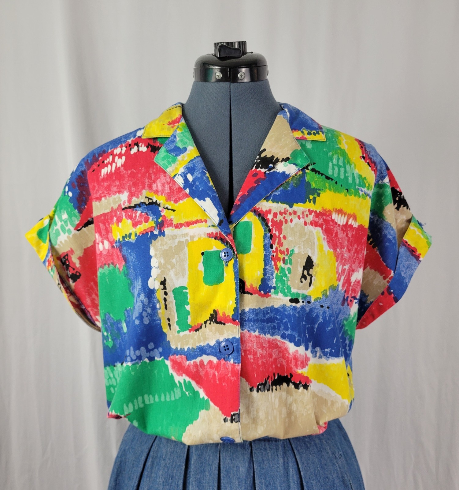 Vintage Ecco Bay Red/Yellow/Green/Blue/Tan S/S Button Down Top Size Med