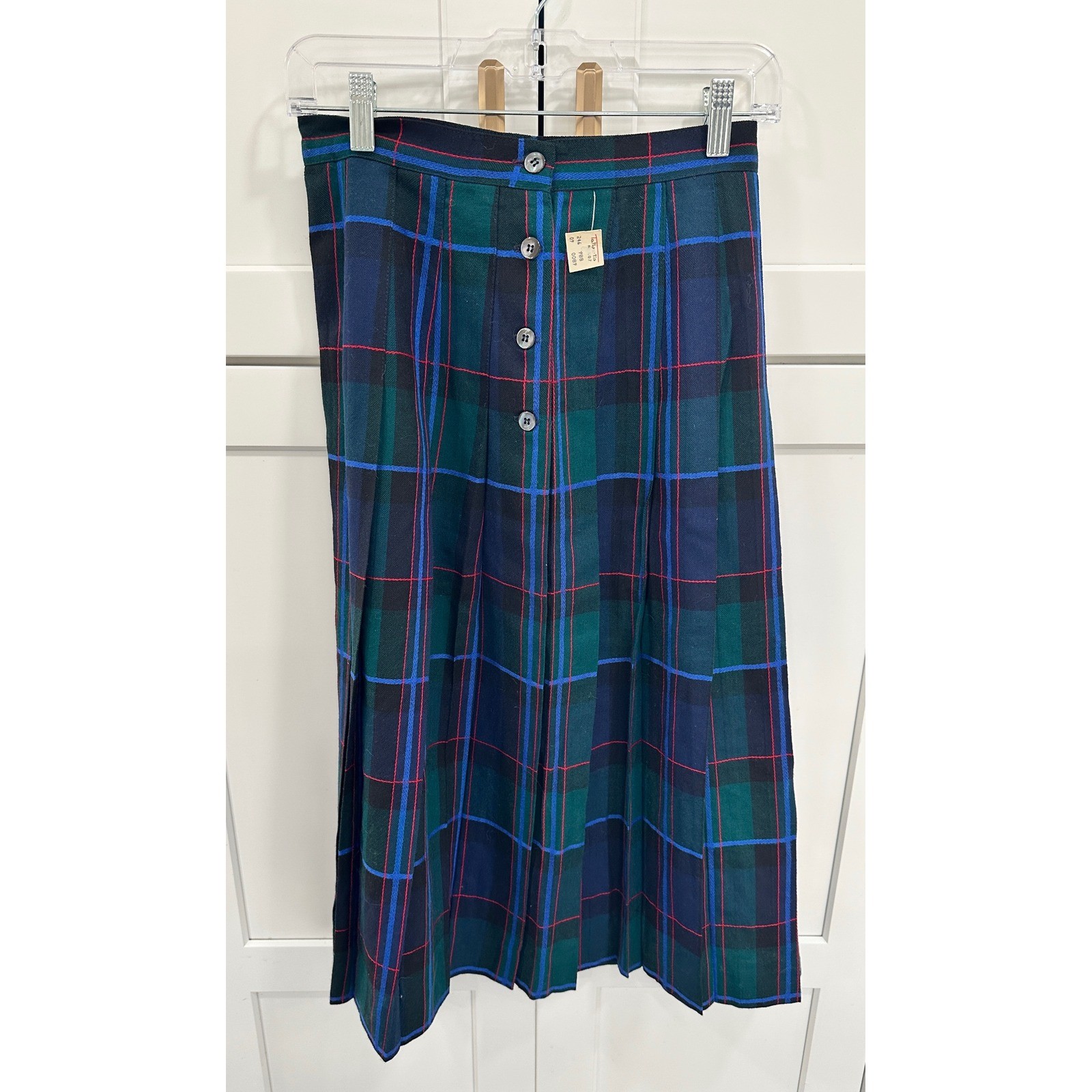 David Brooks Vintage 100% Wool Plaid Pleated Midi Skirt Green Blue Tartan 8P USA