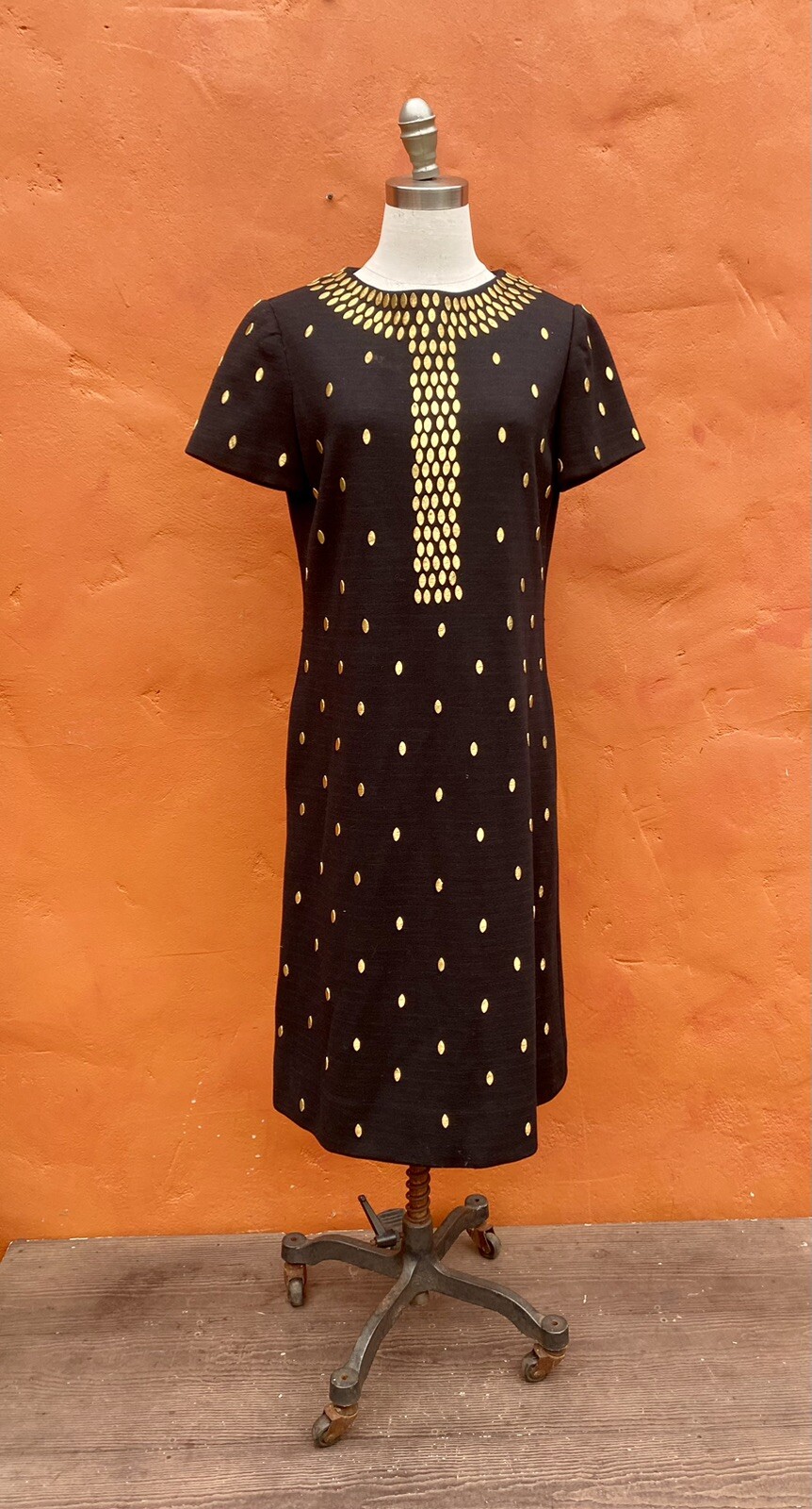 Vintage 1960s Mod Wool Sheath Dress Black Gold Metal Beaded Carlye pockets