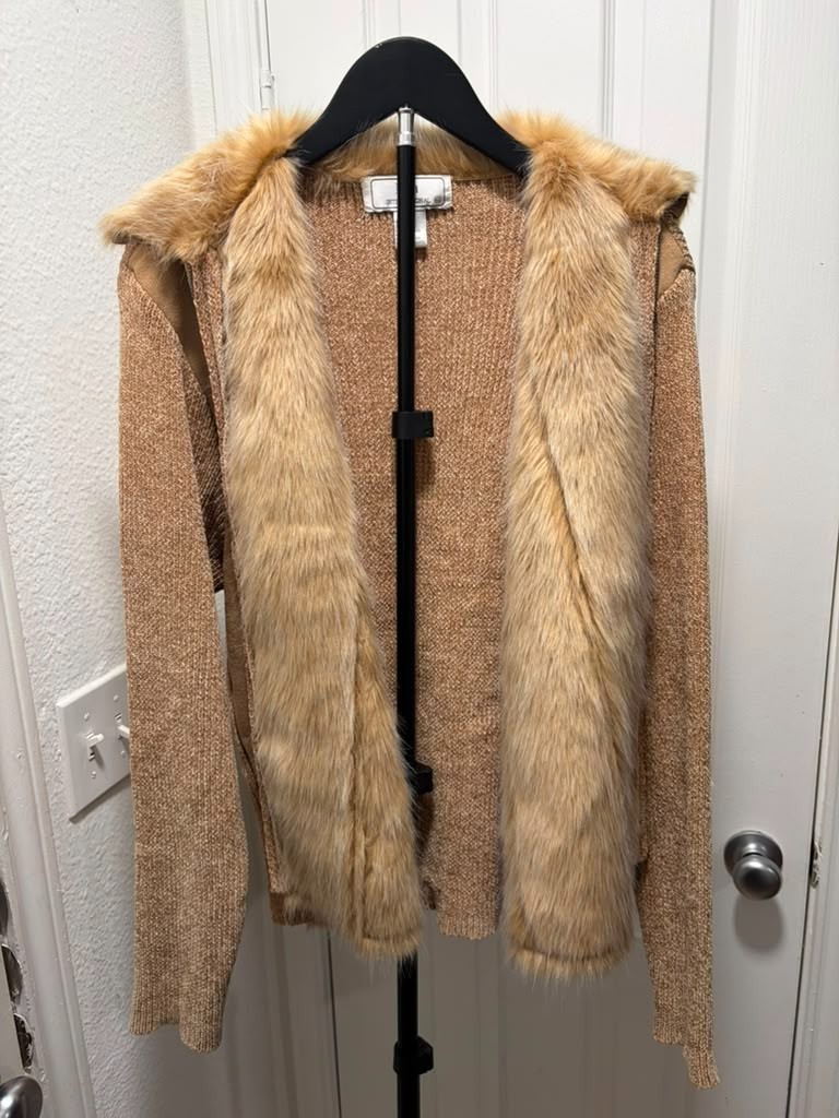 Y2K Lisa International Faux Fur Collar Suede Knit Zip Up Jacket