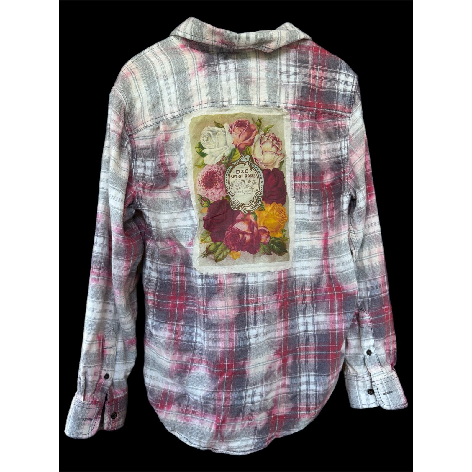 Upcycled Floral Flannel Shirt Small | Cottagecore Rose Patch Soft Plaid