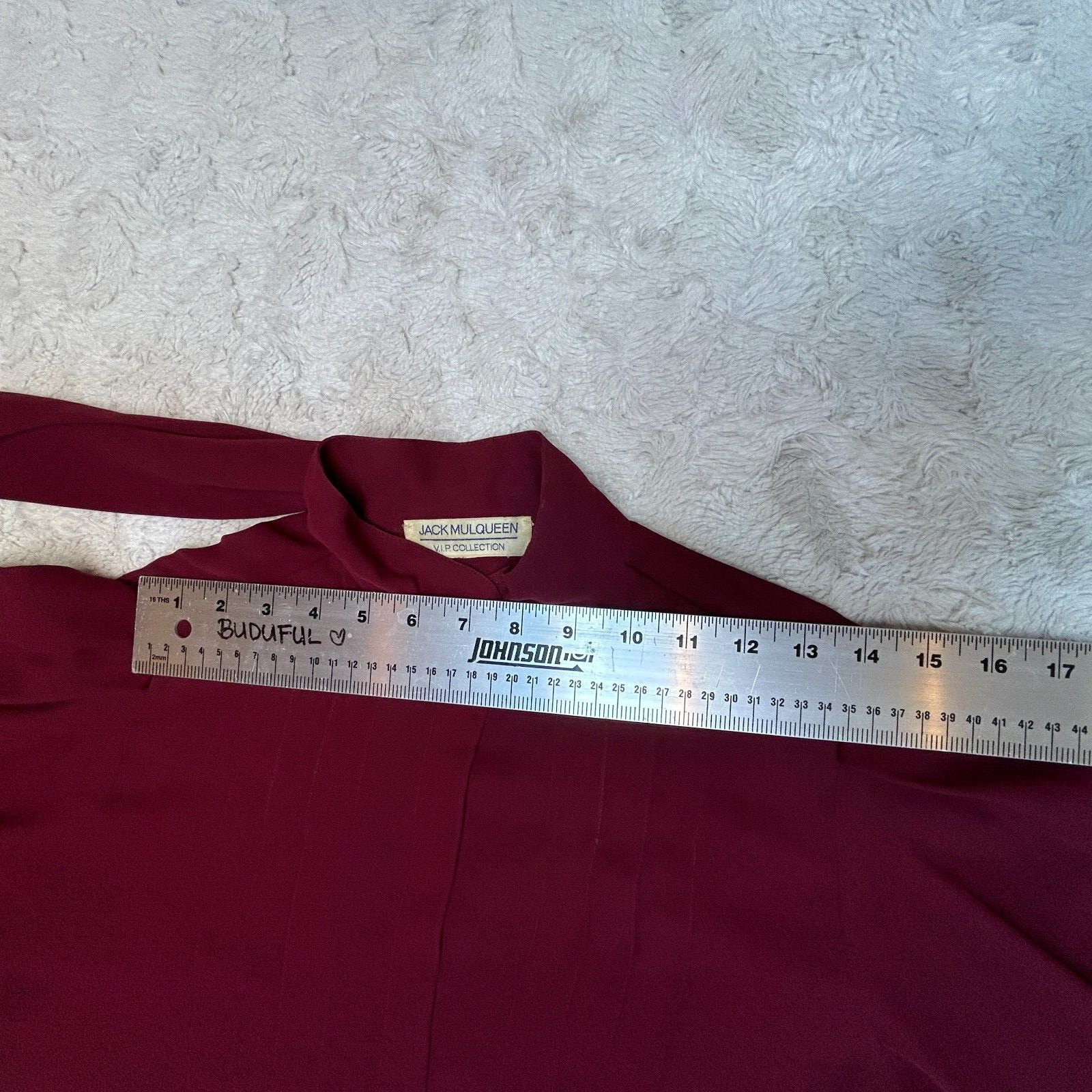 Vintage Jack Mulqueen VIP Collection Womens Maroon Ruched Sleeve Tie-Neck Blouse