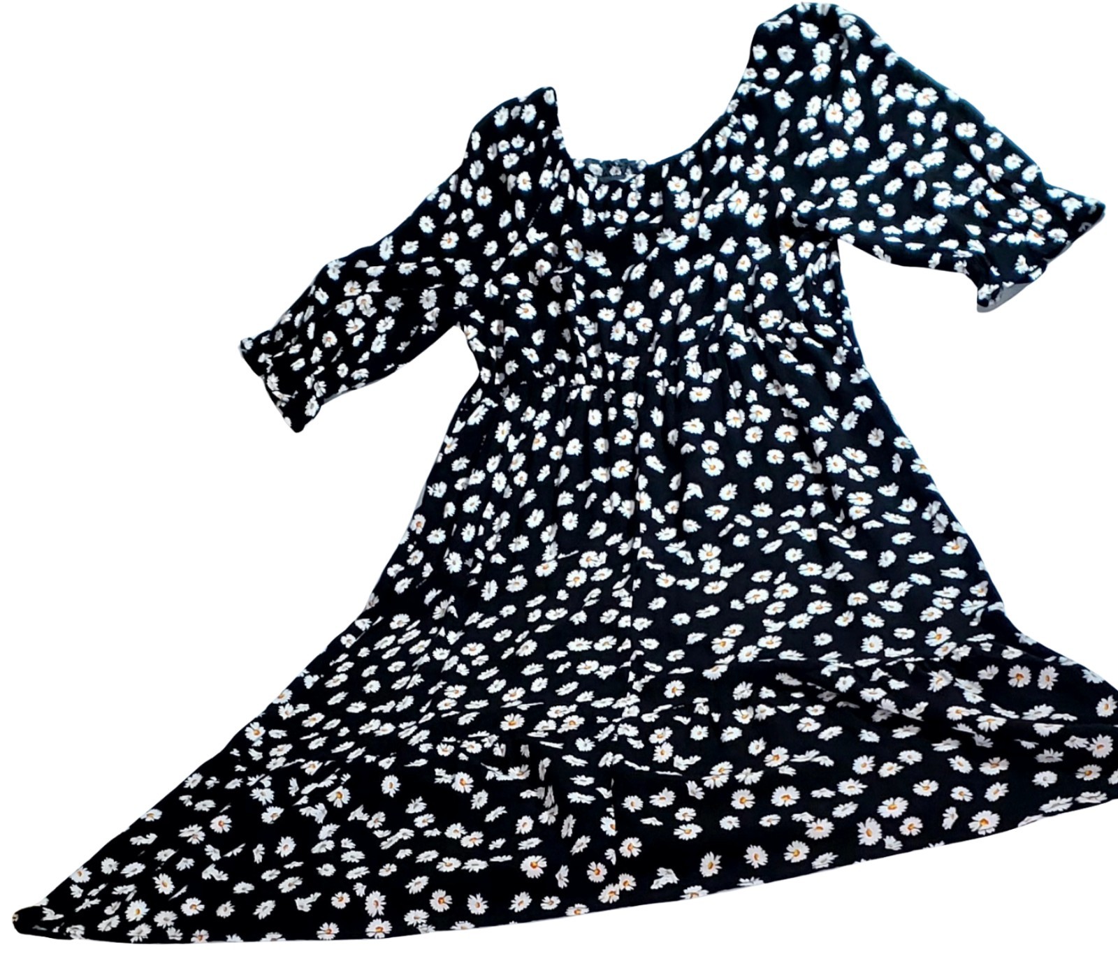 Mlle Gabrielle Women’s 1X Black Daisy Floral Ruched Midi Dress Puff Sleeves