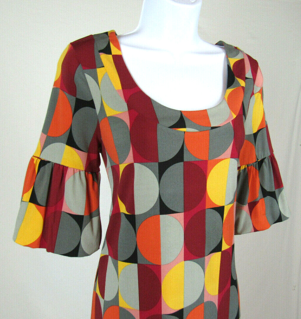 VTG 1980s 90s ELLE SMALL POLY SPANDEX DRESS MOD GEOMETRIC PATTERN PUFFY CUFFS
