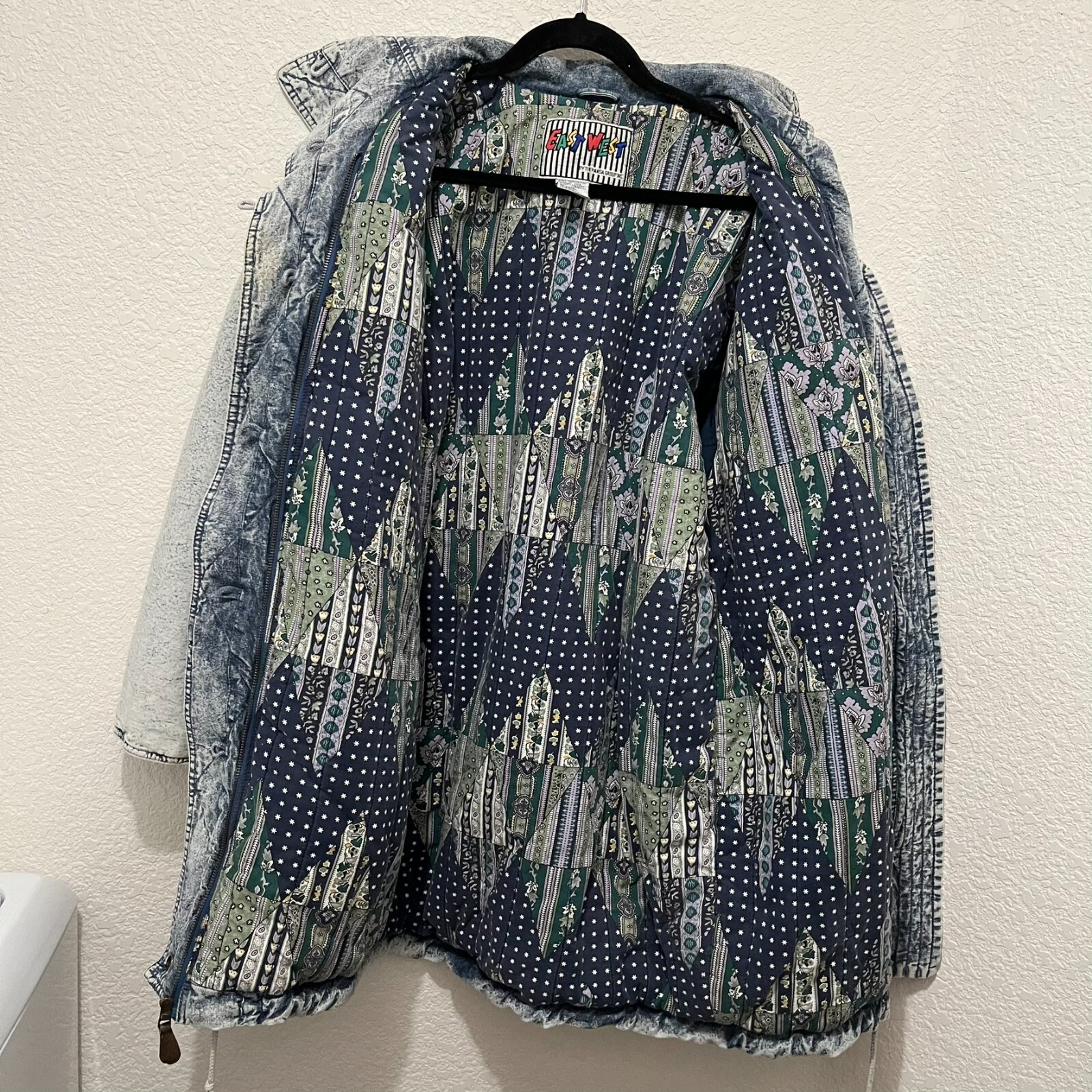 Vintage 80’s East West Acid Stone Wash Denim Coat Blue Jean Jacket Womens Sz XL