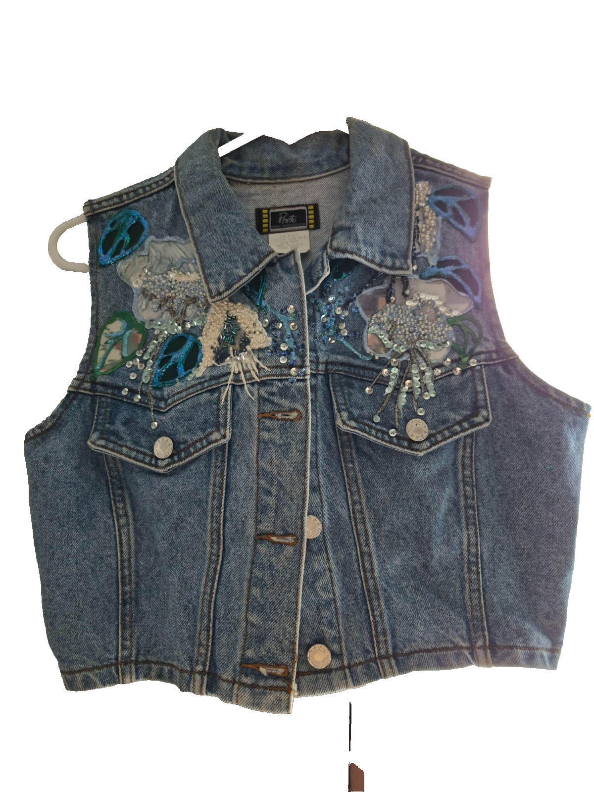 Embellished Denim Vintage 90s cropped fit vest with a light-to-medium wash