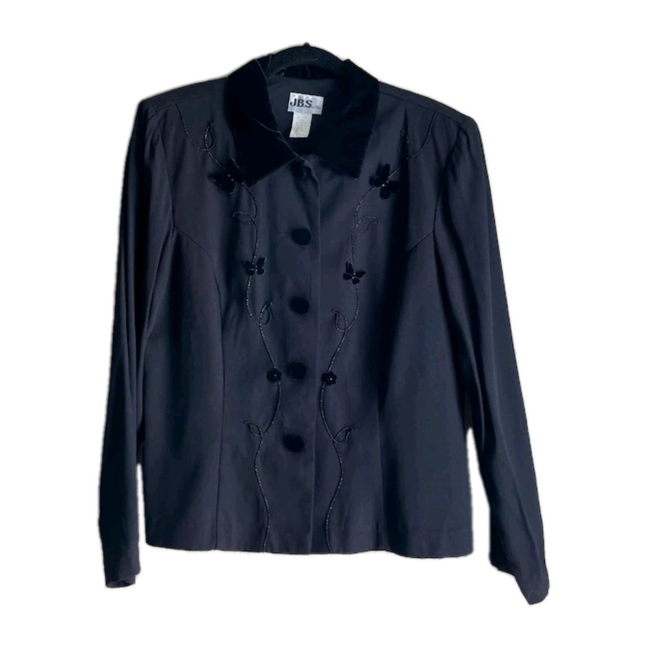Vintage J.B.S. Black Jacket ~Velvet Collar/buttons~ 80’s Blazer~ SZ 14