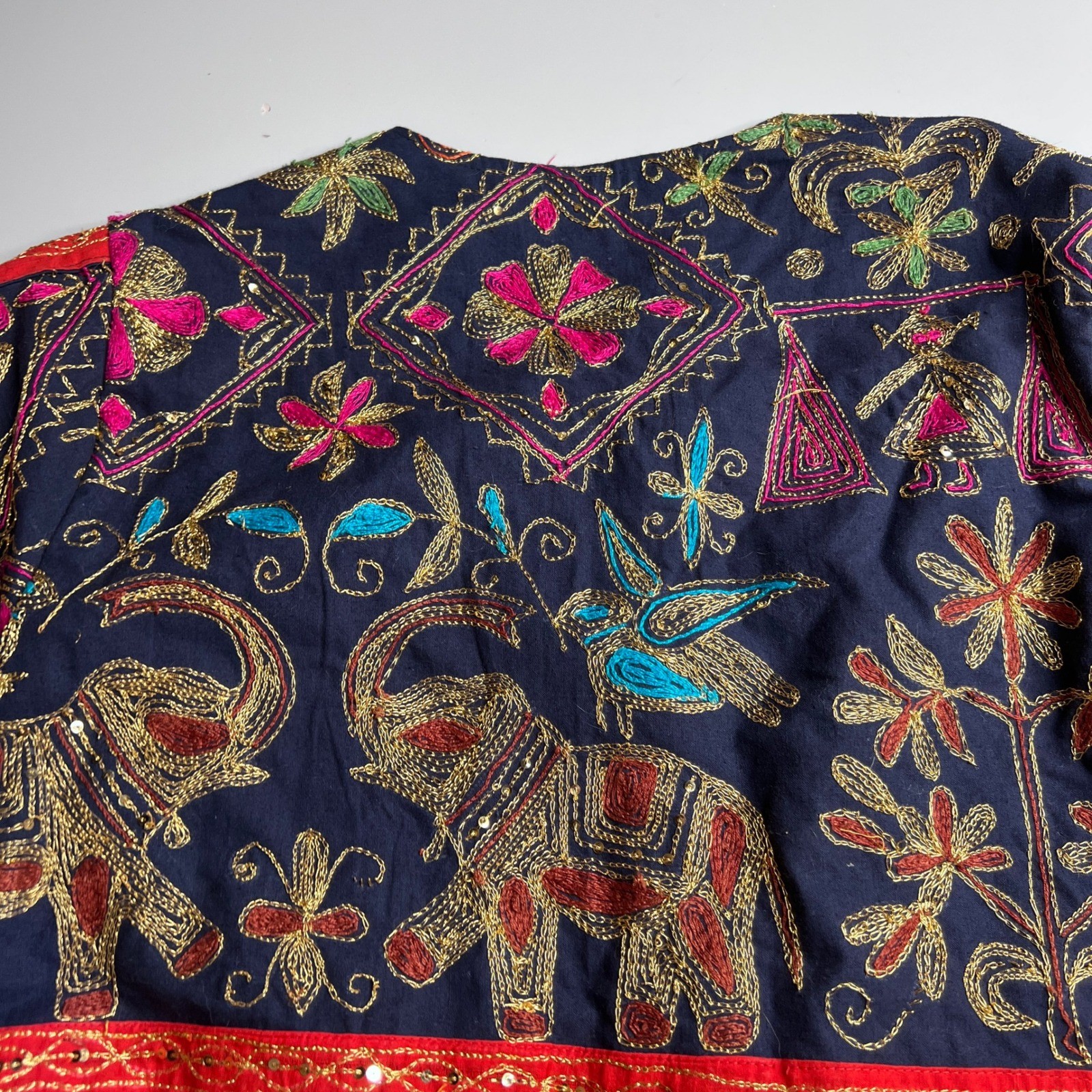Vintage Classic India Embroidered Cotton Jacket Red Navy Elephant Boho Toggle OS