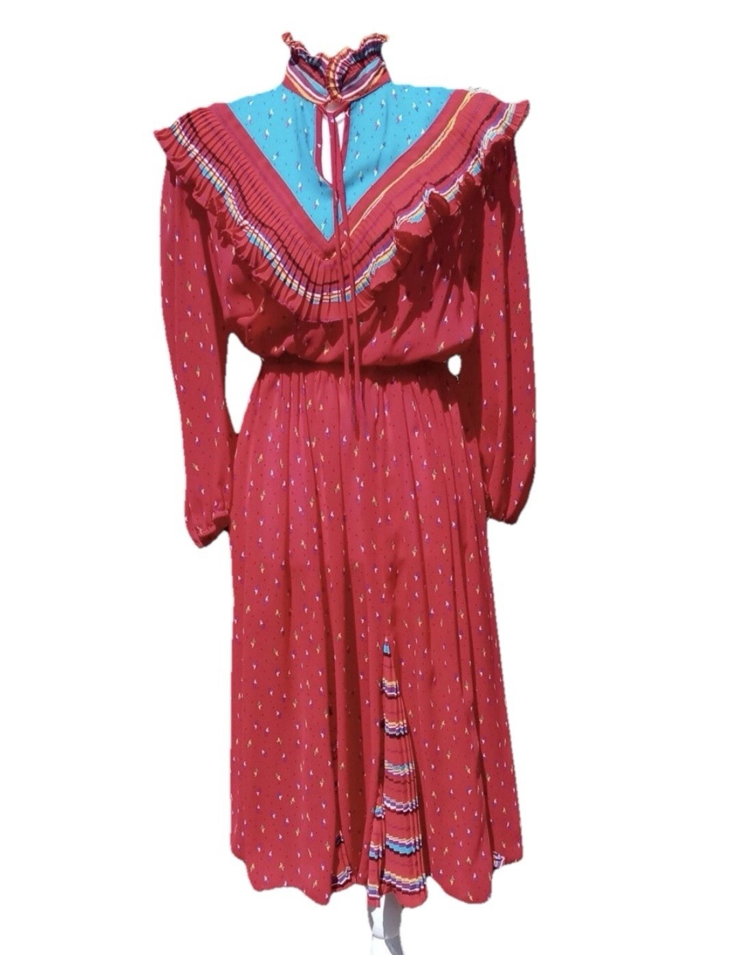 80s Vintage Assorti by Susan Freis Ruffle Midi Bodice Dress Large Colorful