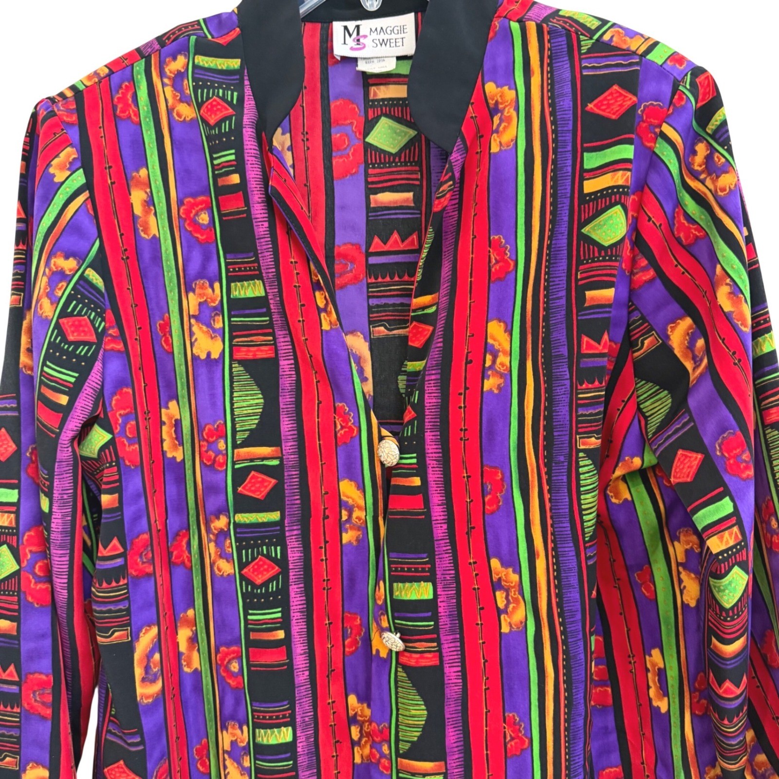 Maggie Sweet Vintage 90’s Abstract Long Sleeve Silky Tunic Silver Buttons EUC