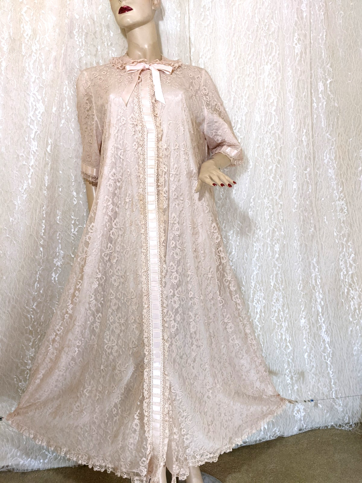 VTG Odette Barsa Lace Overlay Pocket Pink Peter Pan Collar Dressing Gown Robe L
