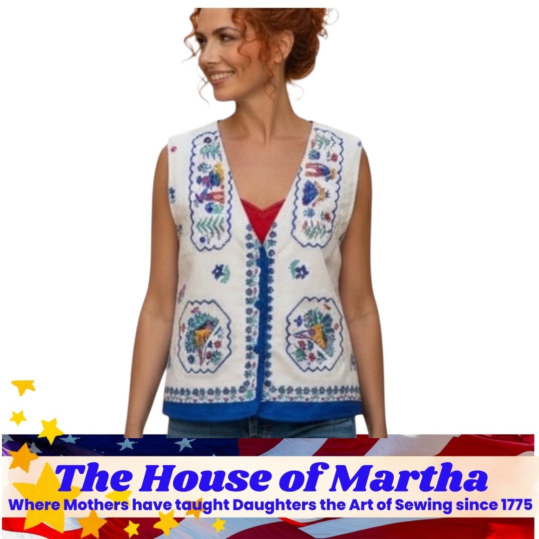 Vintage Handmade Upcycled Folk Art Cross Stitch Print Vest White Blue Gold Lined
